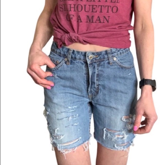 Vintage Upcycled Route 66 Wedgie Cutoff Distressed Denim Shorts Size 4 - Picture 4 of 15